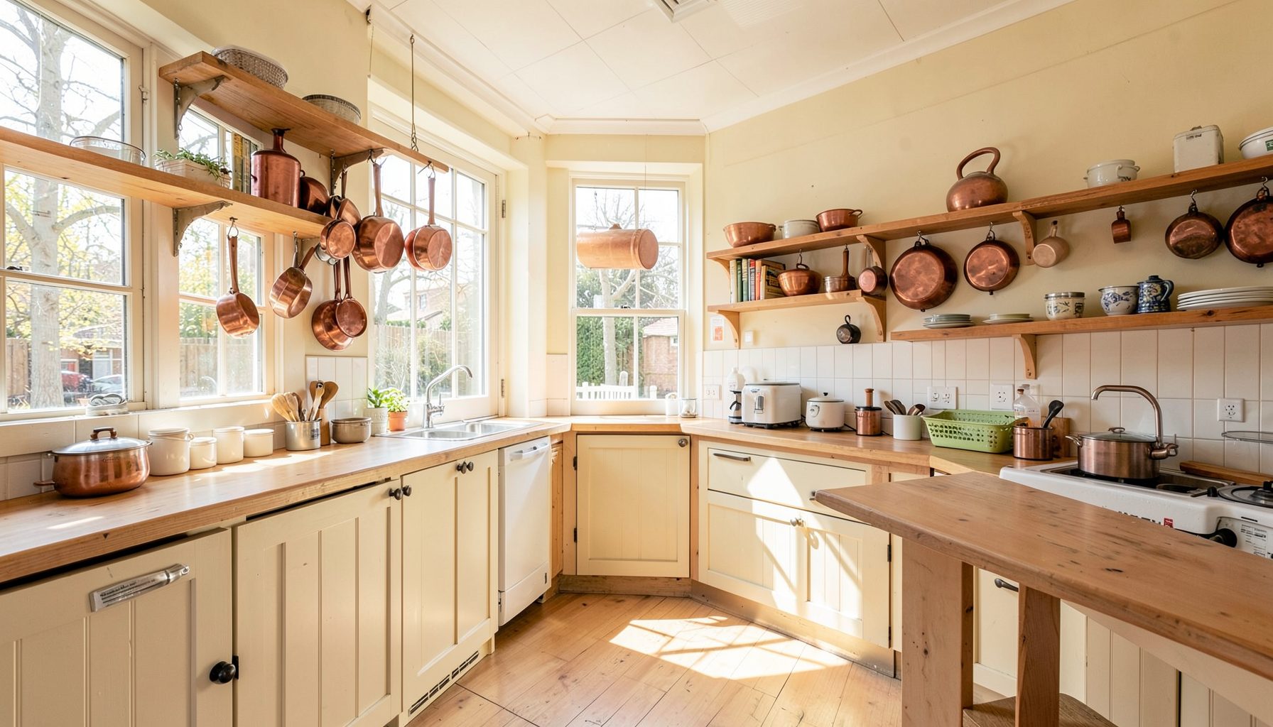Bright community hall kitchen with open shelving, copper pots hanging, and sunlight streaming through large windows, cream and warm tones