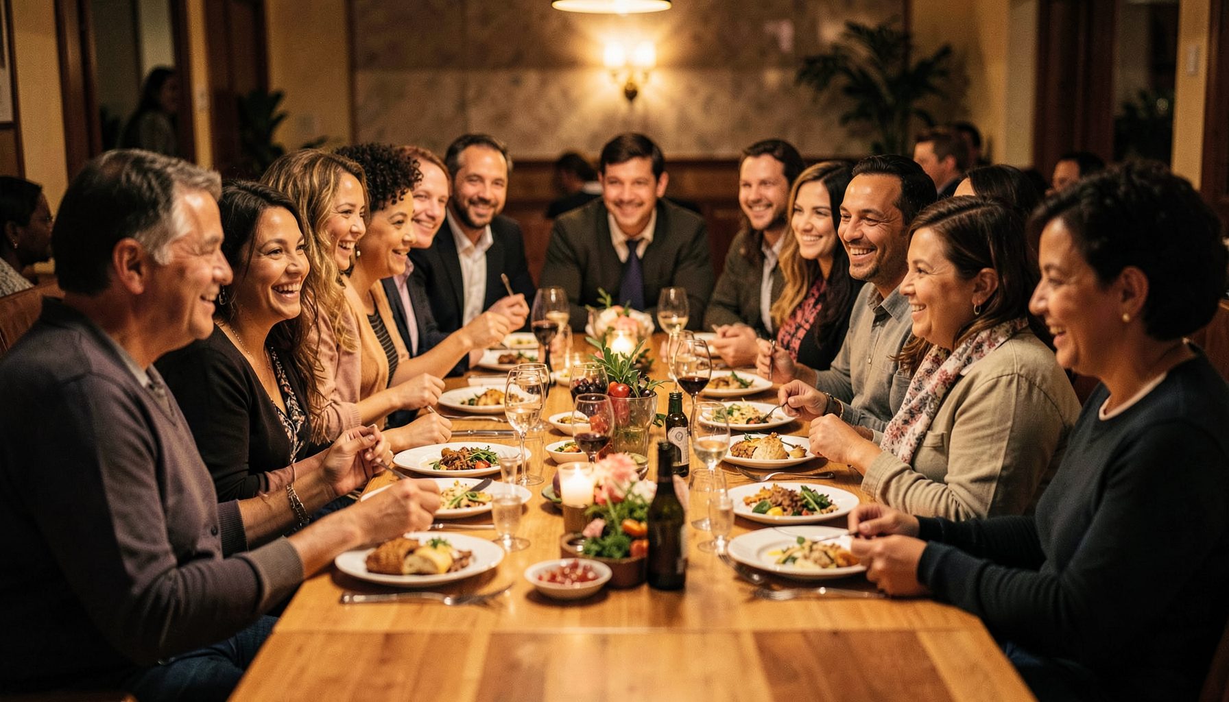 A diverse group seated around a long table sharing a meal together, warm amber lighting, convivial mood