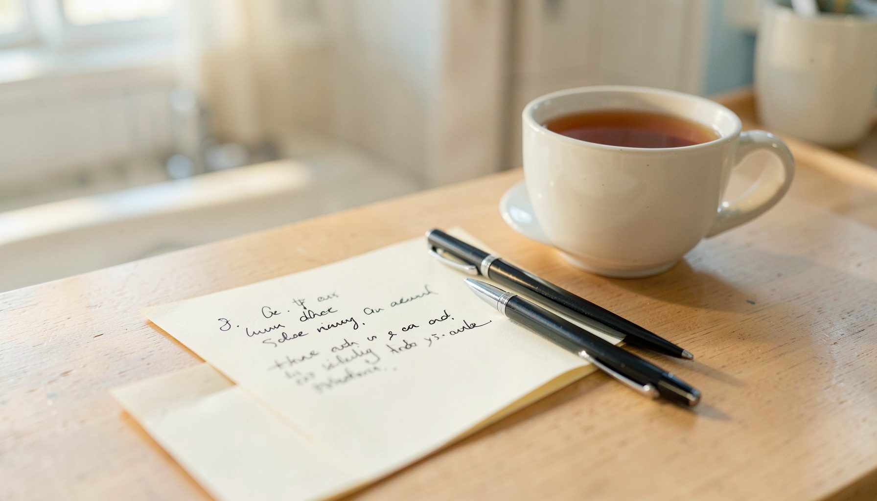 A handwritten note and pen resting on a kitchen table beside a cup of tea, soft morning light, warm cream and pale blue tones