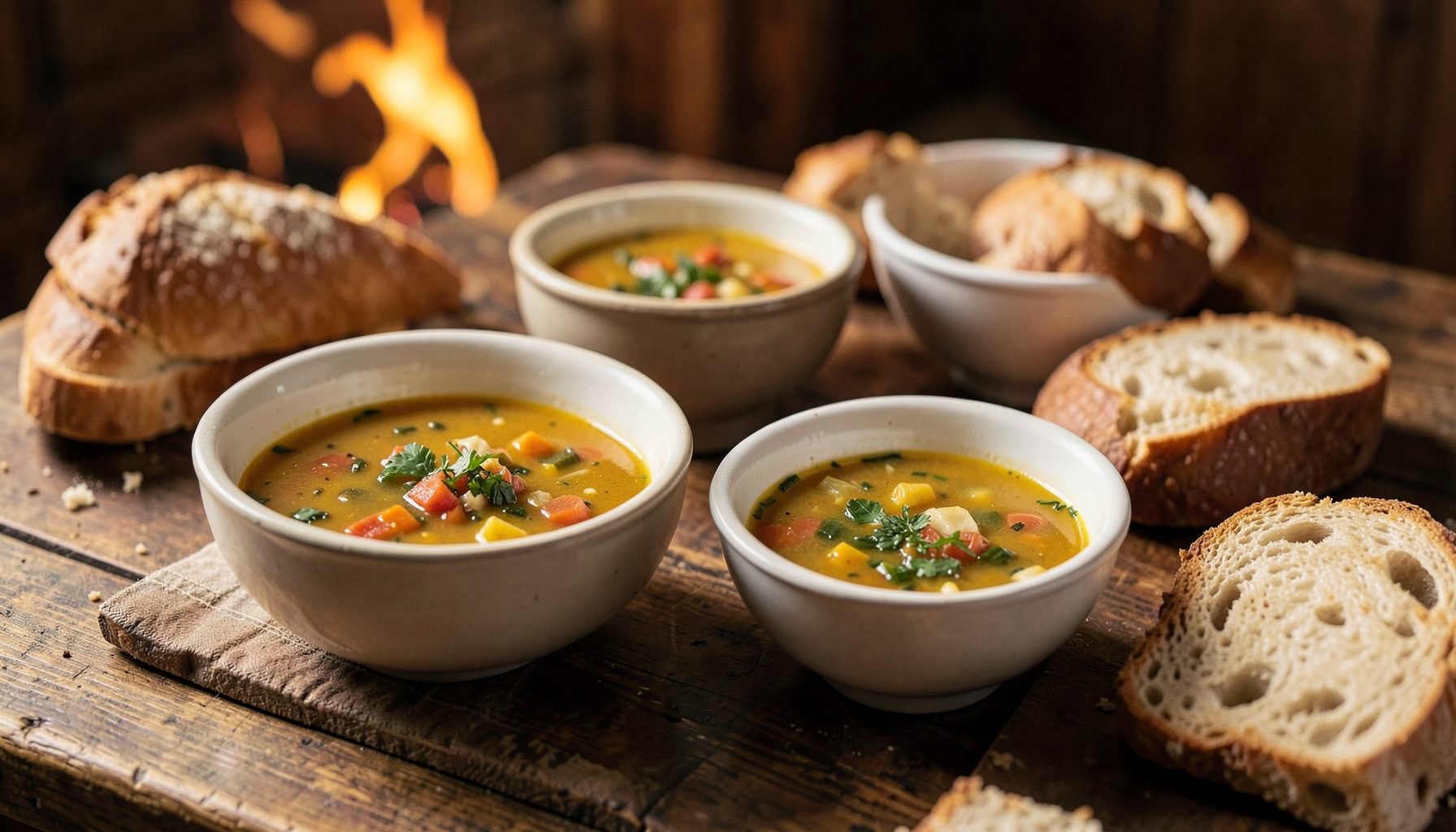 A rustic table set with bowls of seasonal soup and fresh bread, golden and brown tones, cozy autumn atmosphere