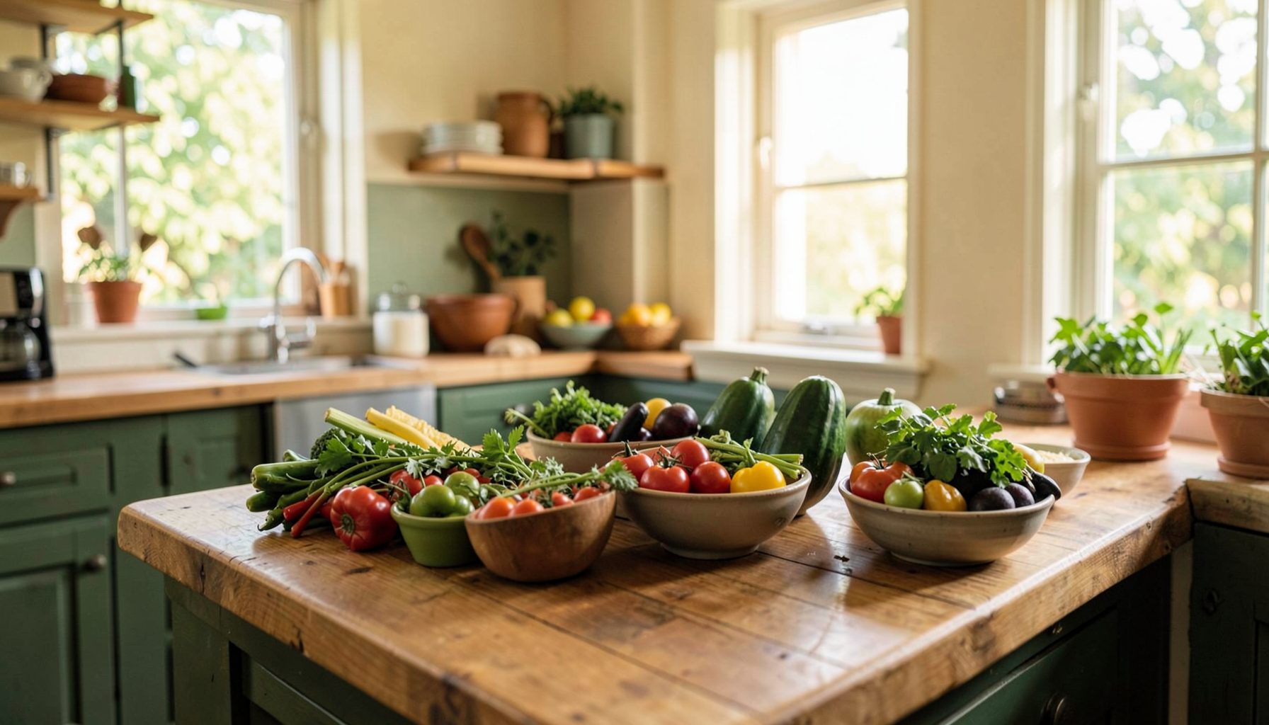 A warm, inviting community kitchen with wooden countertops, fresh vegetables in bowls, and soft natural light streaming