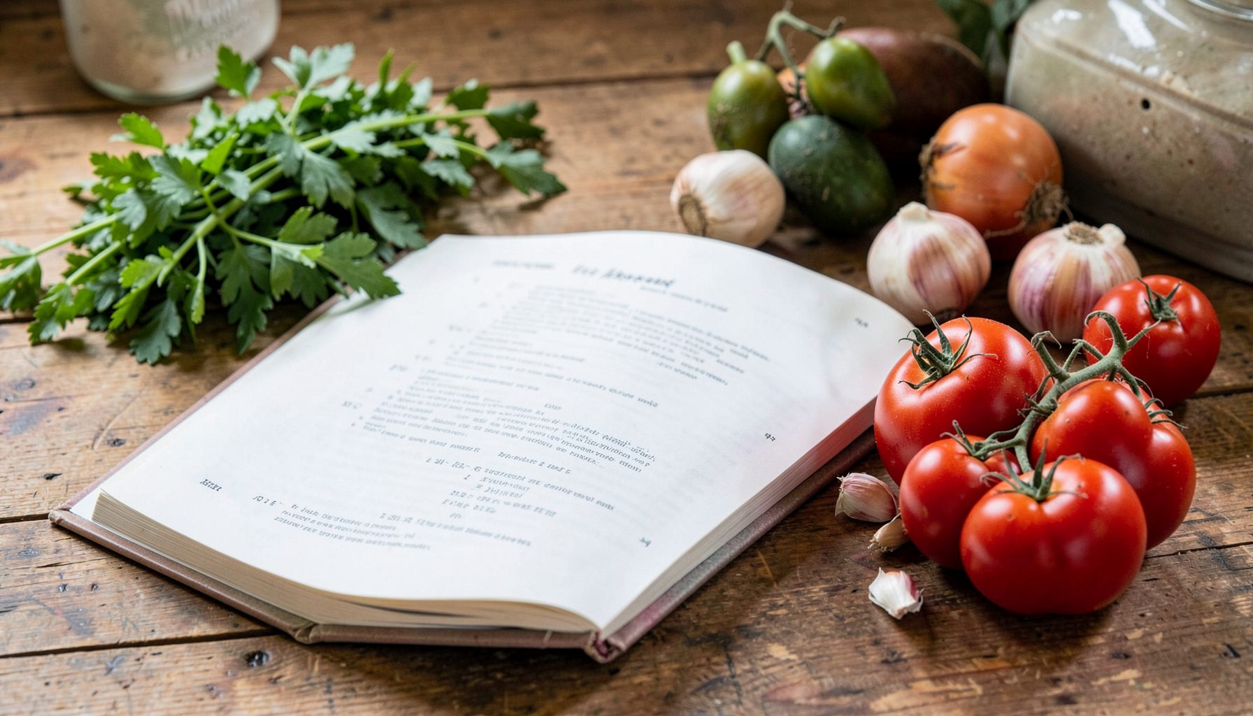 An open recipe book beside fresh herbs, garlic bulbs, and ripe tomatoes on a wooden counter, natural daylight, rich reds