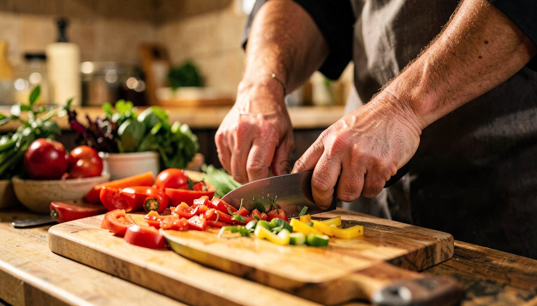 Hands working together chopping vegetables on a shared cutting board in warm kitchen lighting, rich reds and greens, a friendly cooperative mood