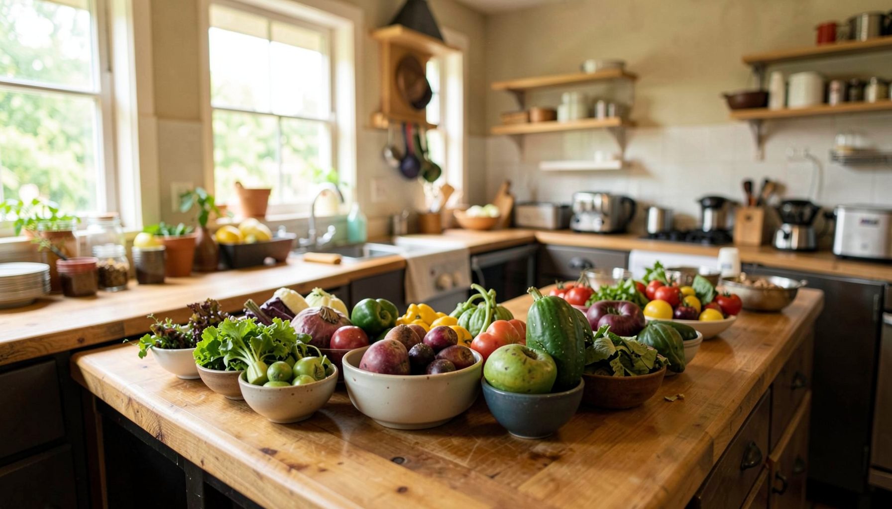Rustic wooden kitchen island covered with bowls of fresh vegetables and fruits including tomatoes, peppers, and apples